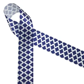 Quatrefoil ribbon Moroccan ogee design in navy printed on  1.5" white satin