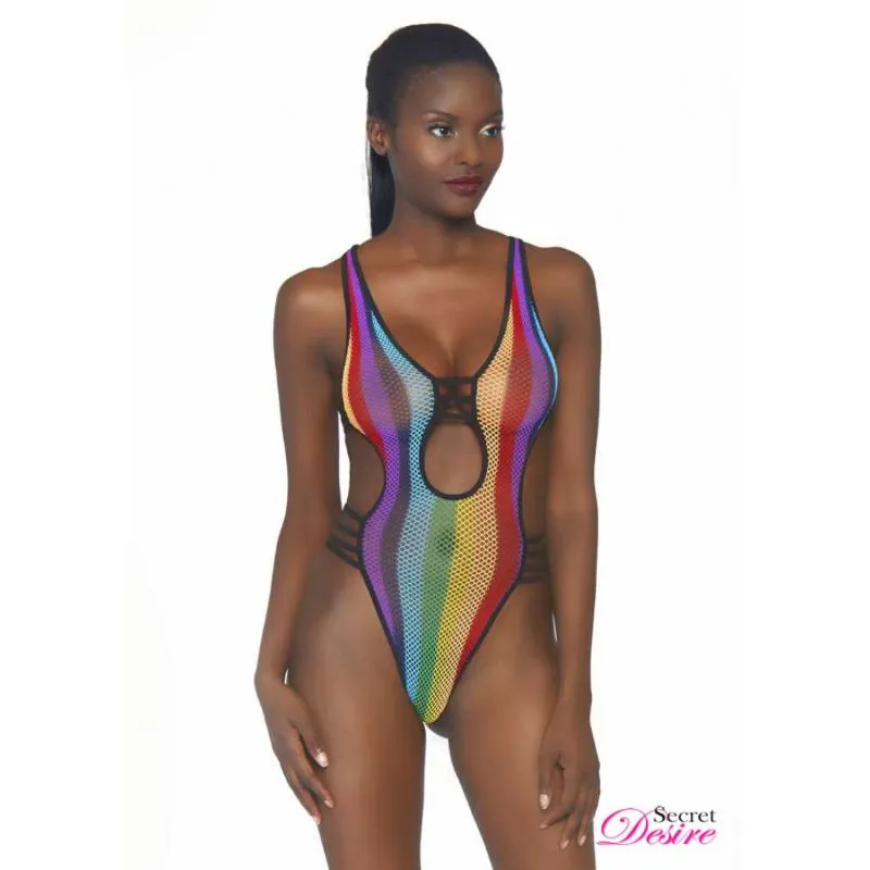 Rainbow Fishnet Cut Out Bodysuit - OS