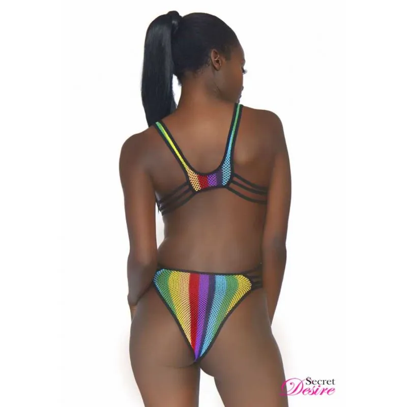 Rainbow Fishnet Cut Out Bodysuit - OS