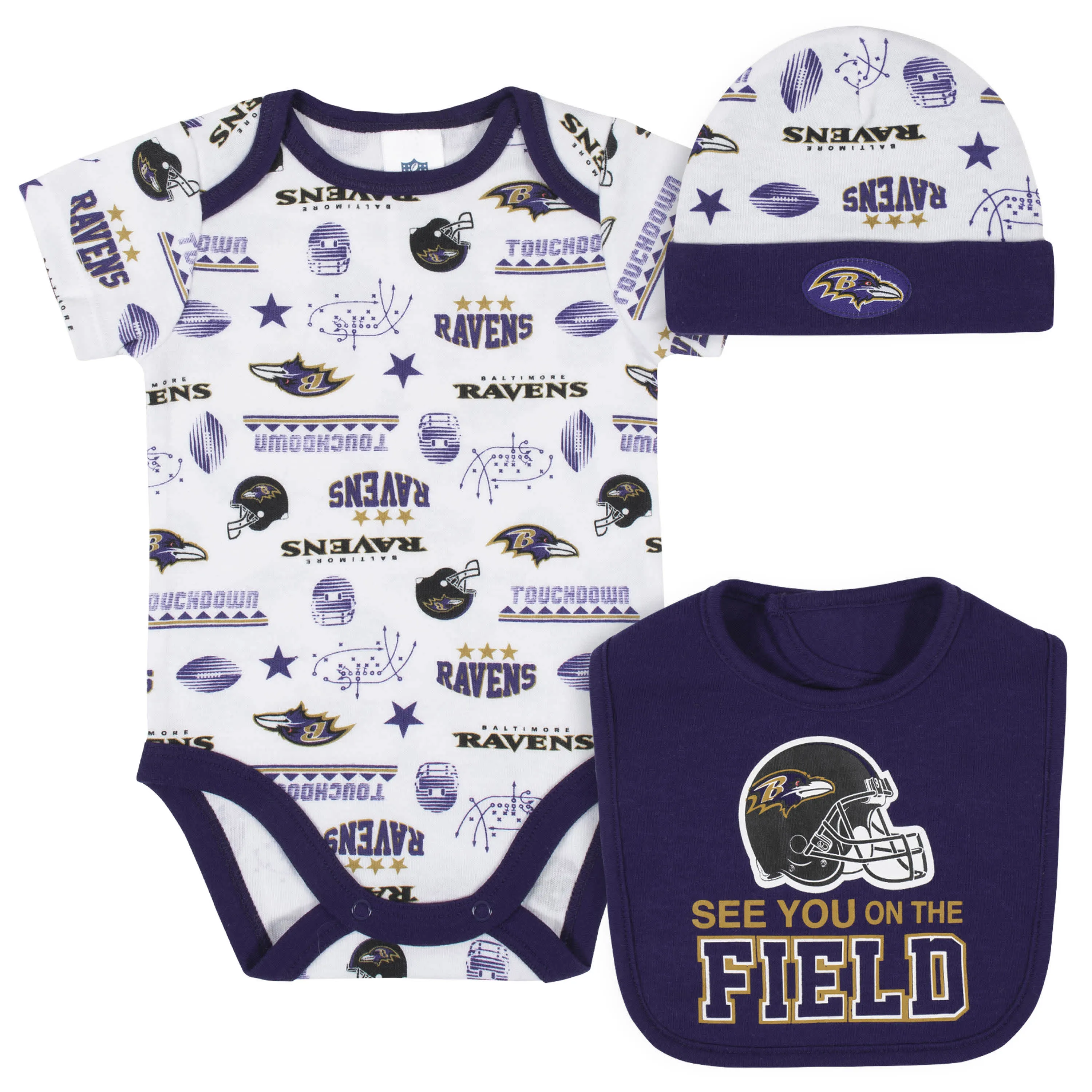 Ravens Baby Boys 3-Piece Bodysuit, Bib, and Cap Set