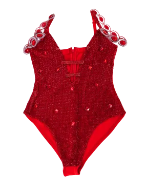 Red Crystal-Covered Bodysuit - Handworked Design