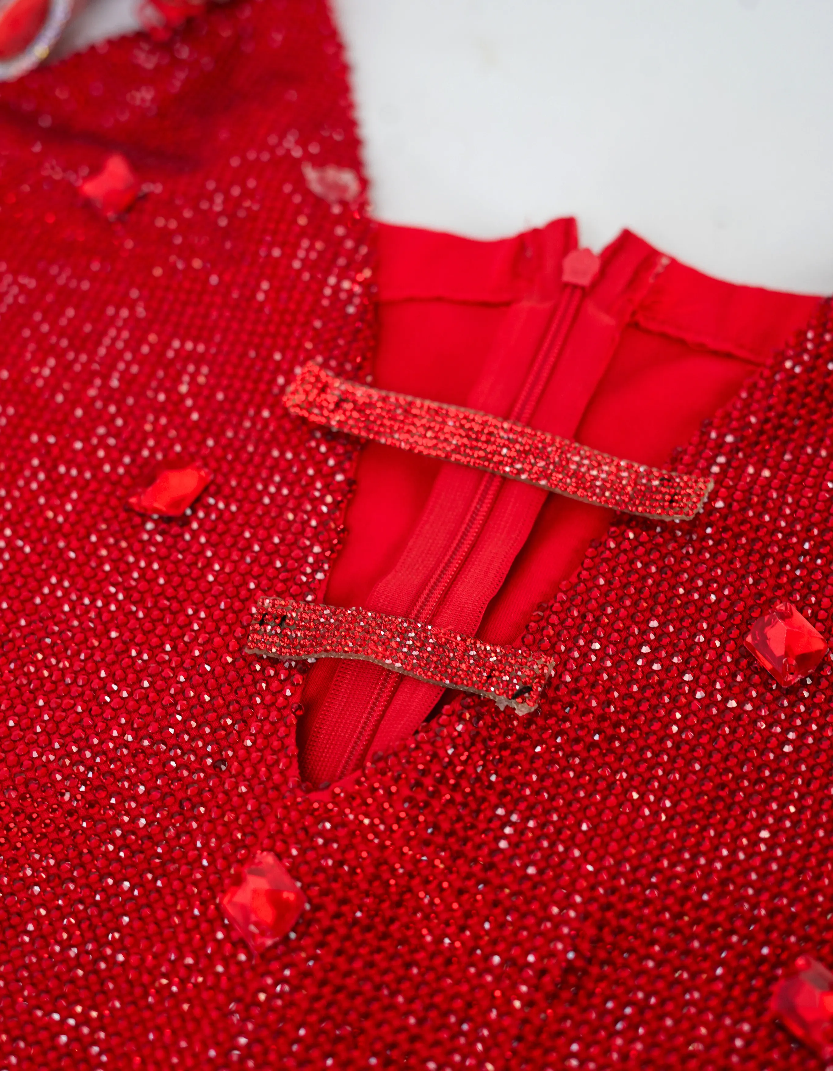 Red Crystal-Covered Bodysuit - Handworked Design