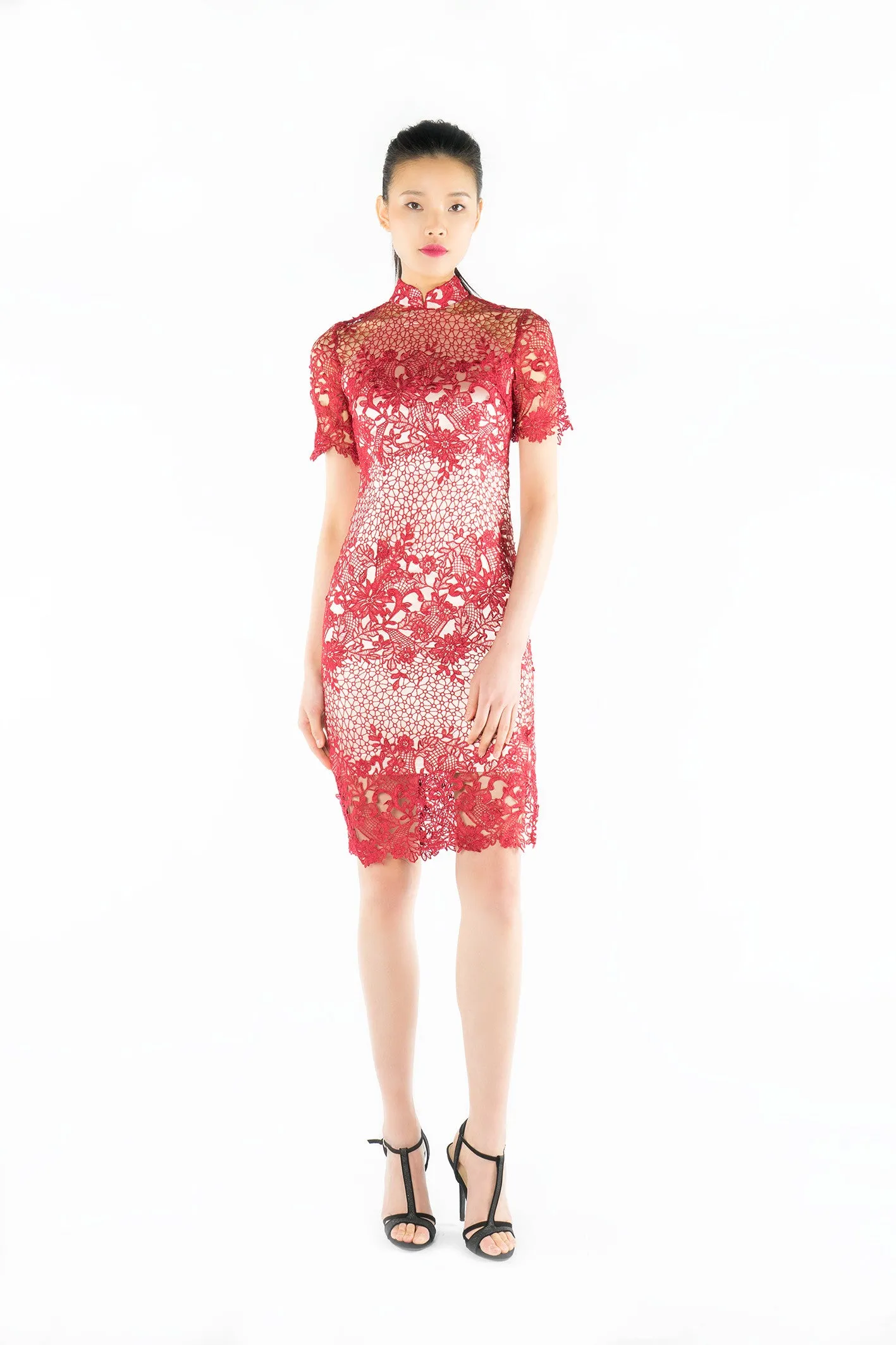 Red Floral Lace Quarter Sleeves Qipao