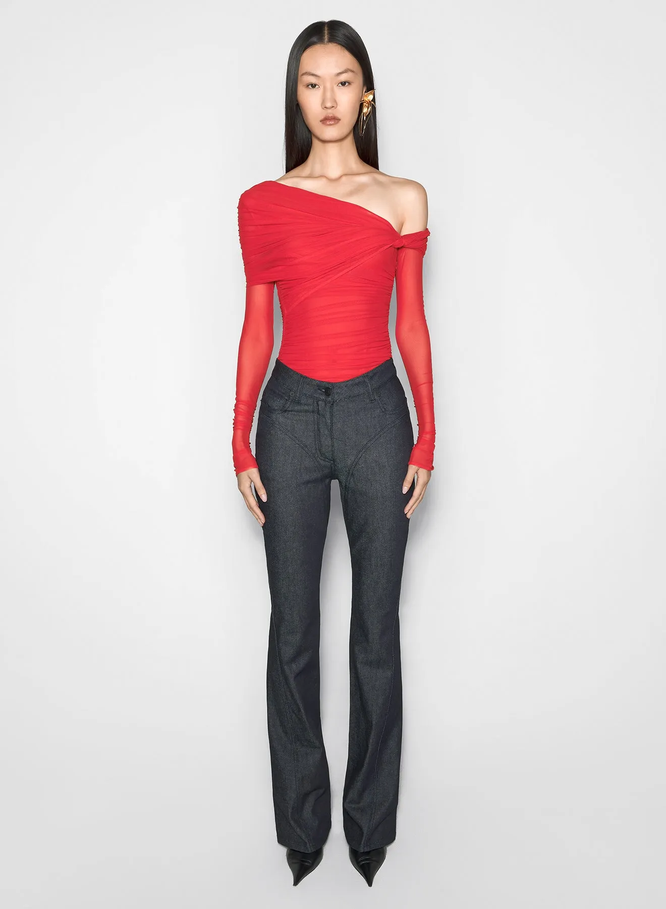 red off-shoulder ruched bodysuit