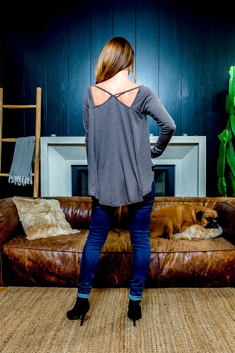 Relaxed Fit Long Sleeve Scoop Neck T-Shirt with Peek-a-Boo Shoulder Cutouts and Draped Round Hem (T5016KL)