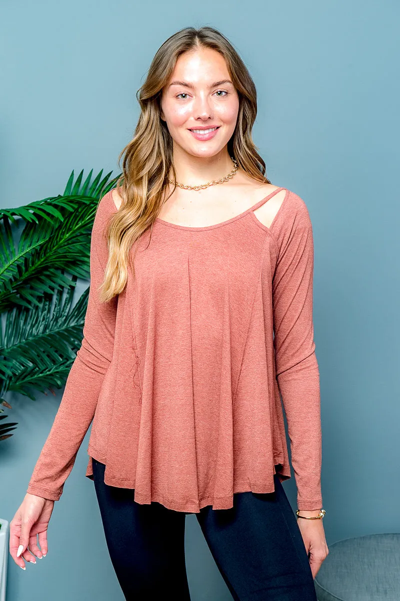 Relaxed Fit Long Sleeve Scoop Neck T-Shirt with Peek-a-Boo Shoulder Cutouts and Draped Round Hem (T5016KL)