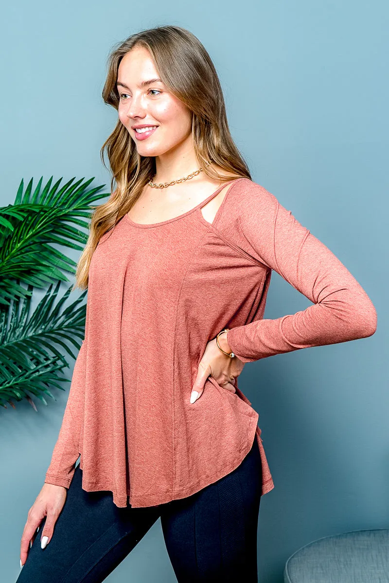 Relaxed Fit Long Sleeve Scoop Neck T-Shirt with Peek-a-Boo Shoulder Cutouts and Draped Round Hem (T5016KL)