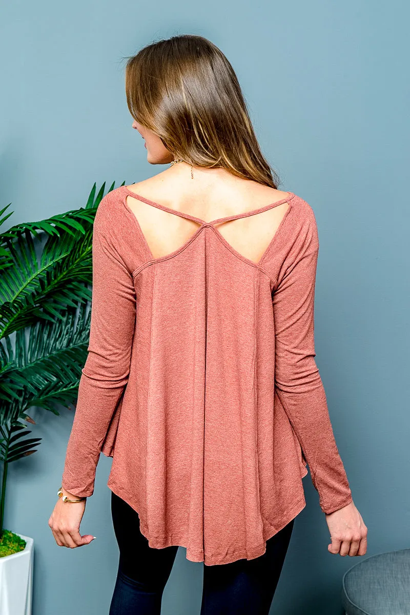 Relaxed Fit Long Sleeve Scoop Neck T-Shirt with Peek-a-Boo Shoulder Cutouts and Draped Round Hem (T5016KL)