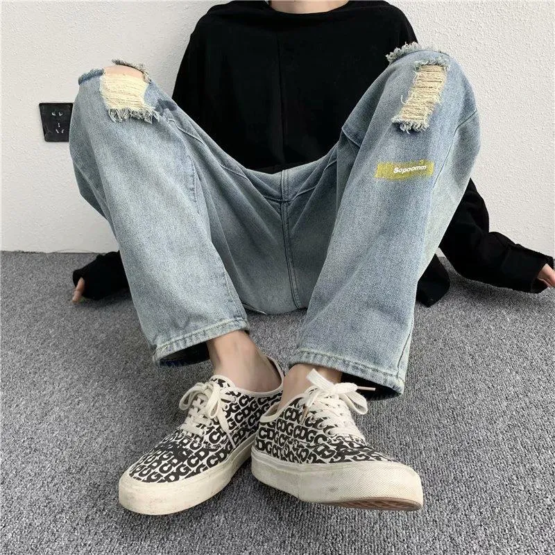 Ripped jeans men's thin section trendy brand wide-legged straight loose nine-point beggar daddy pants