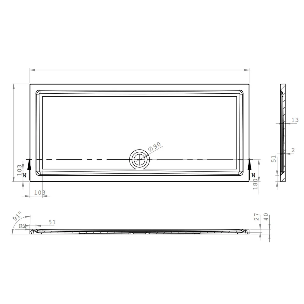 Roman Stone Solid Surface Anti Slip Shower Tray - 1200 x 800 x 40mm