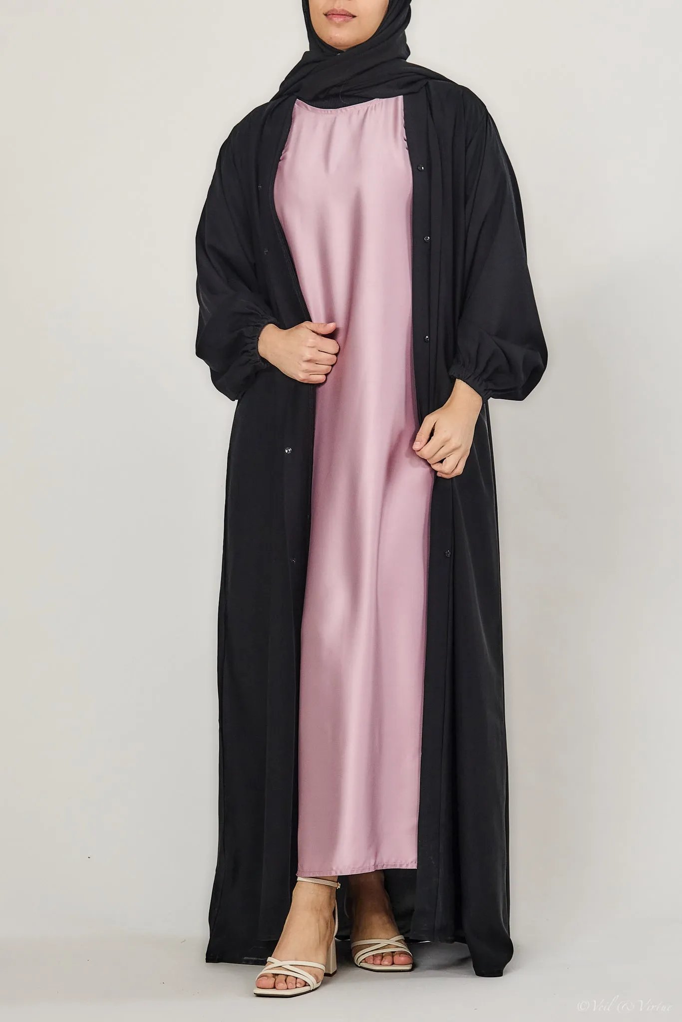 Rose Pink Short-Sleeved Satin Abaya Slip Dress