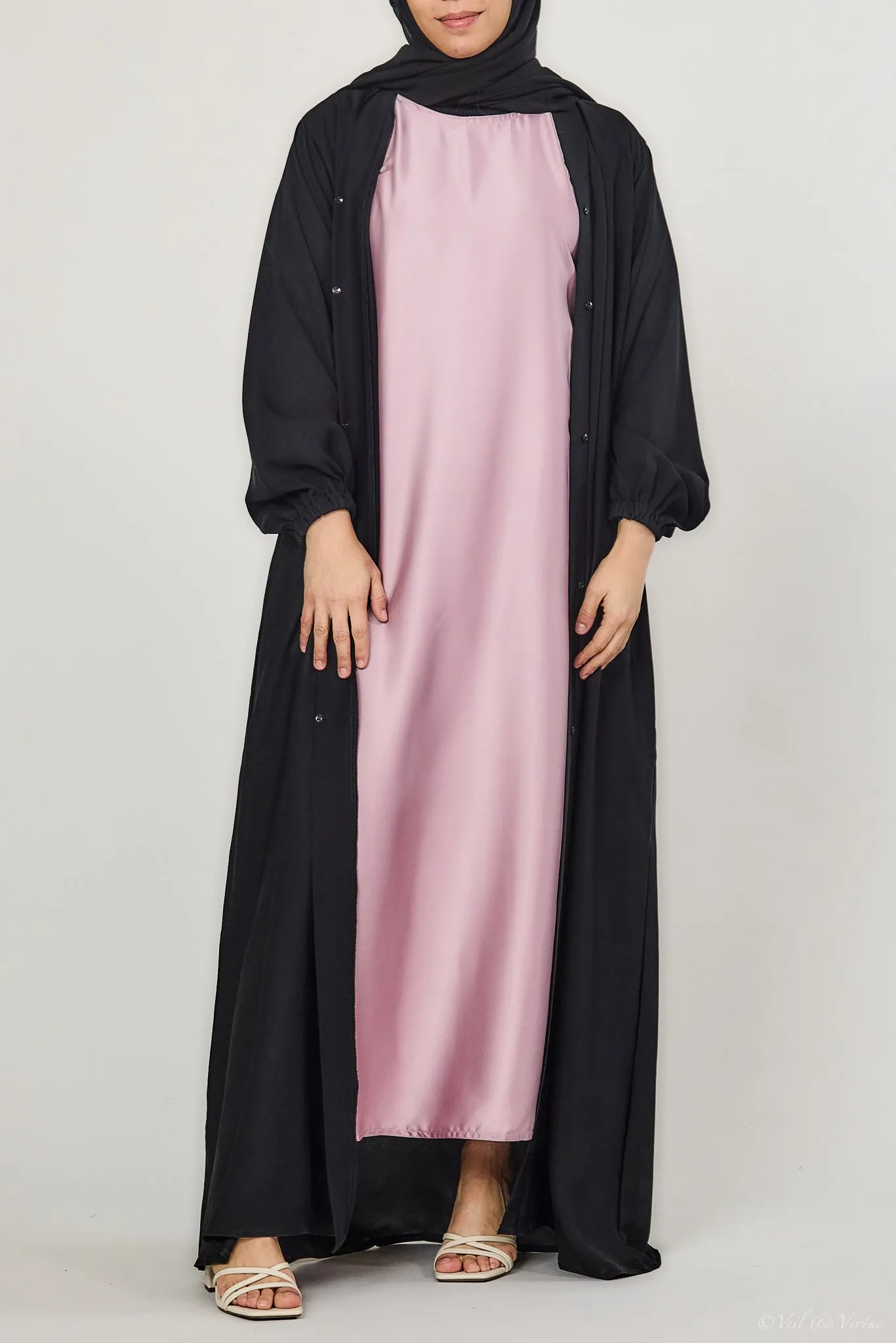 Rose Pink Short-Sleeved Satin Abaya Slip Dress