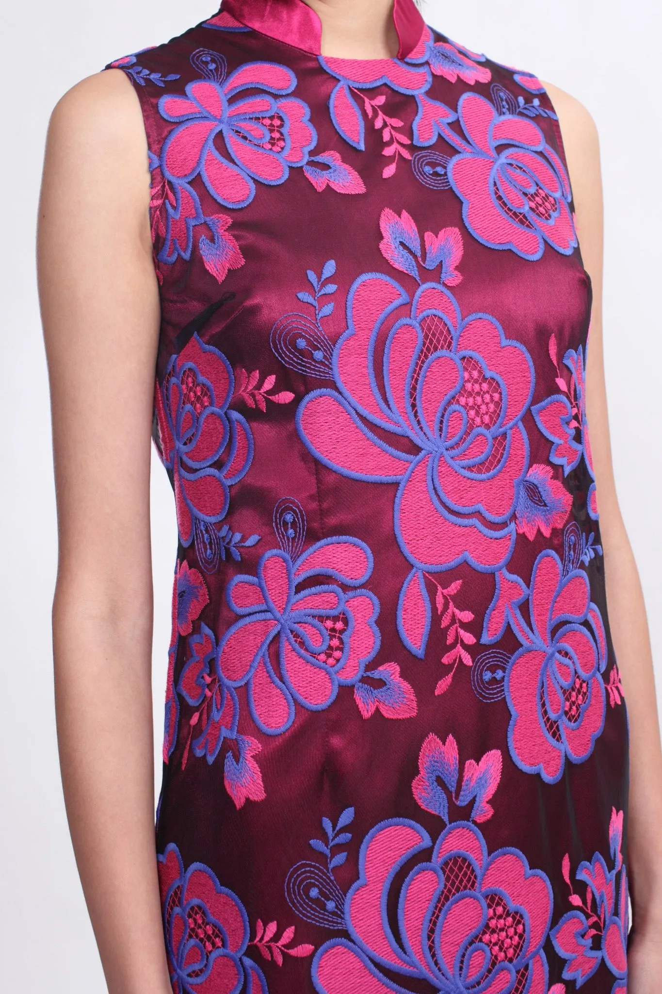 Rose Wine Sleeveless Shift Dress with Pink Rose Embroidered Sheer Top Layer