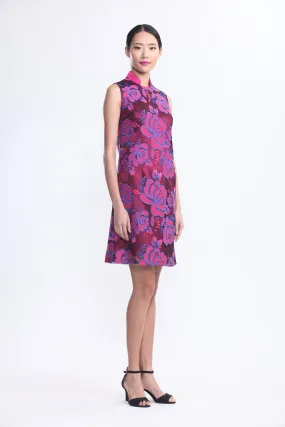 Rose Wine Sleeveless Shift Dress with Pink Rose Embroidered Sheer Top Layer