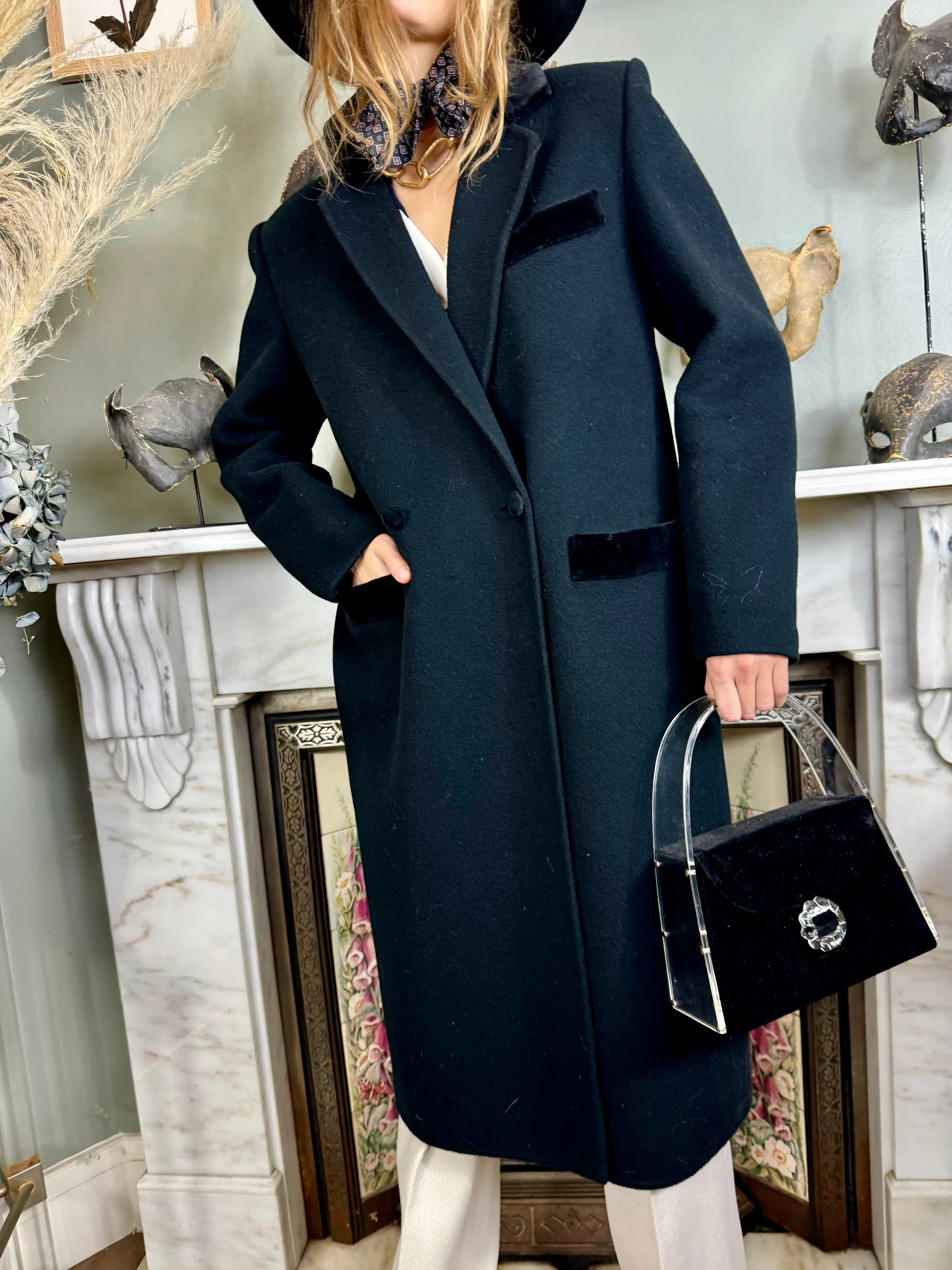 Roula, 80s black wool double breasted coat