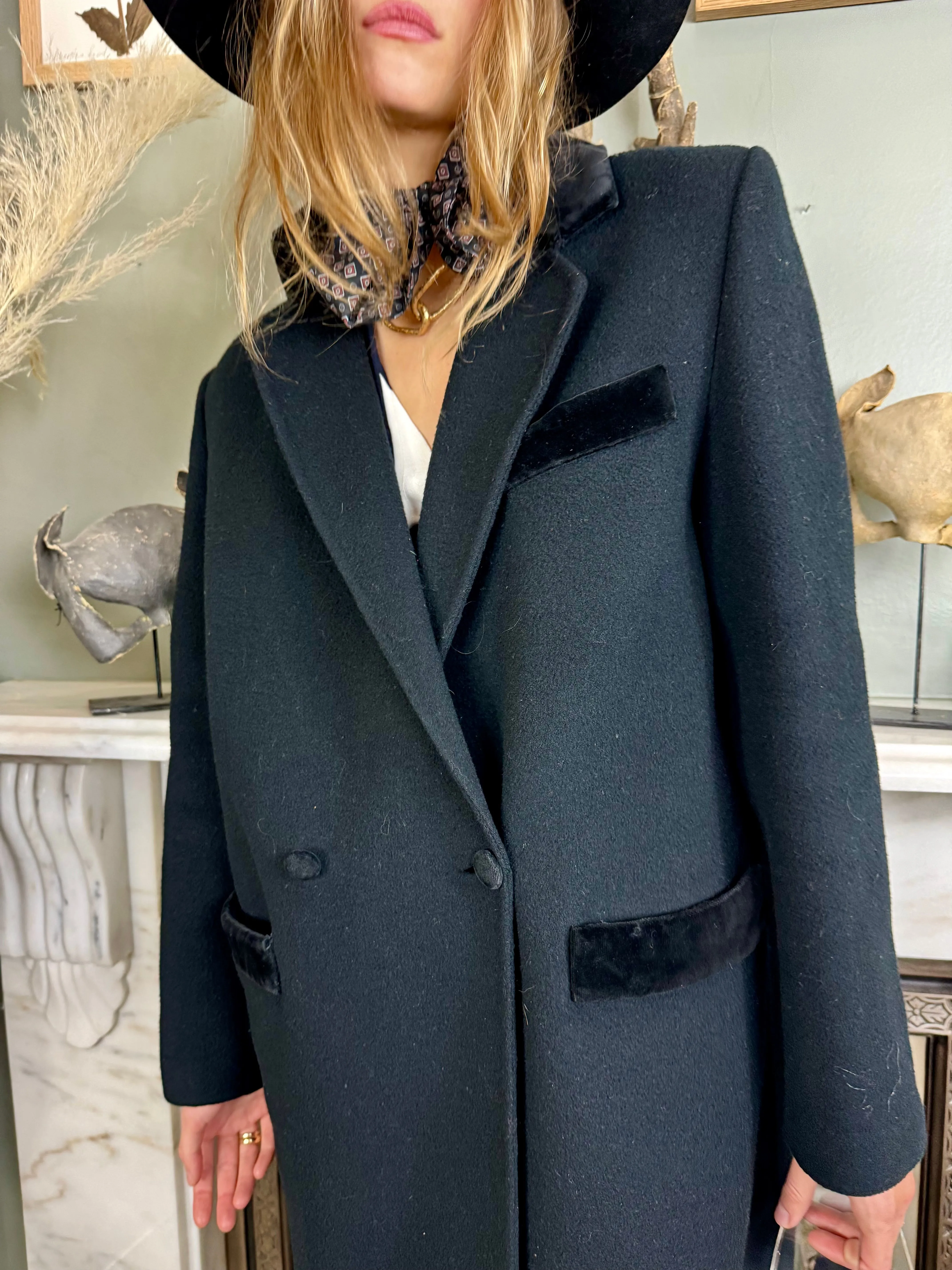 Roula, 80s black wool double breasted coat