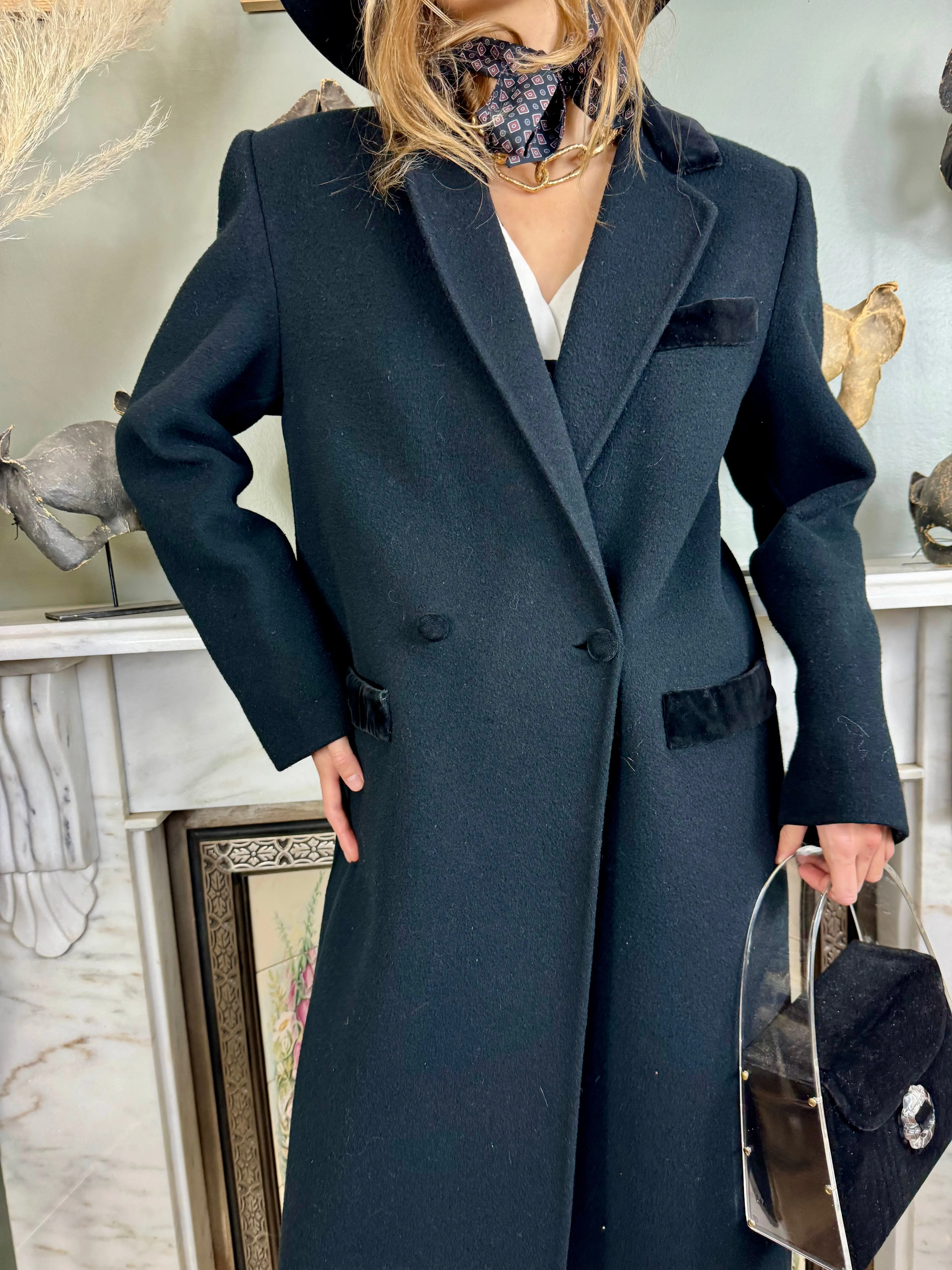 Roula, 80s black wool double breasted coat