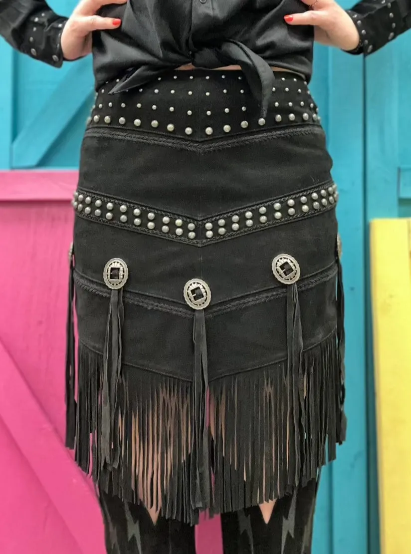 Scully Women's Black Suede Leather Concho and Stud Fringed Skirt  L1106