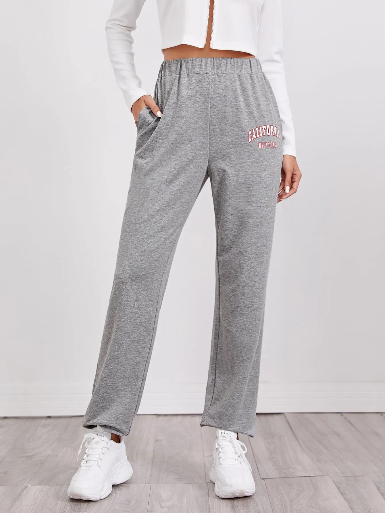 Sporty High Elastic Waist Letter Graphic Slant Pocket Joggers Sweatpants