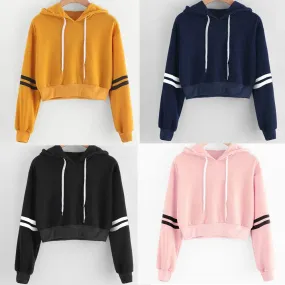 Striped printed long-sleeve cropped hooded sweatshirt Short T-shirt