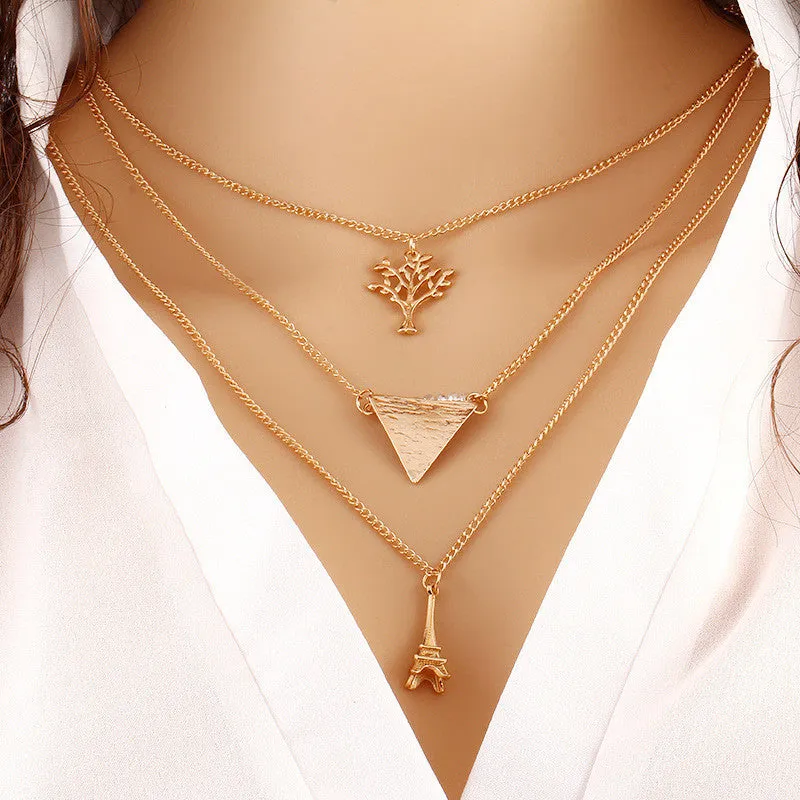 Summer Style Fashion Chain Geometric Cross Necklace Leaf Eye Multi layer Triangle Bohemian Bead Double Chain Necklace Gold