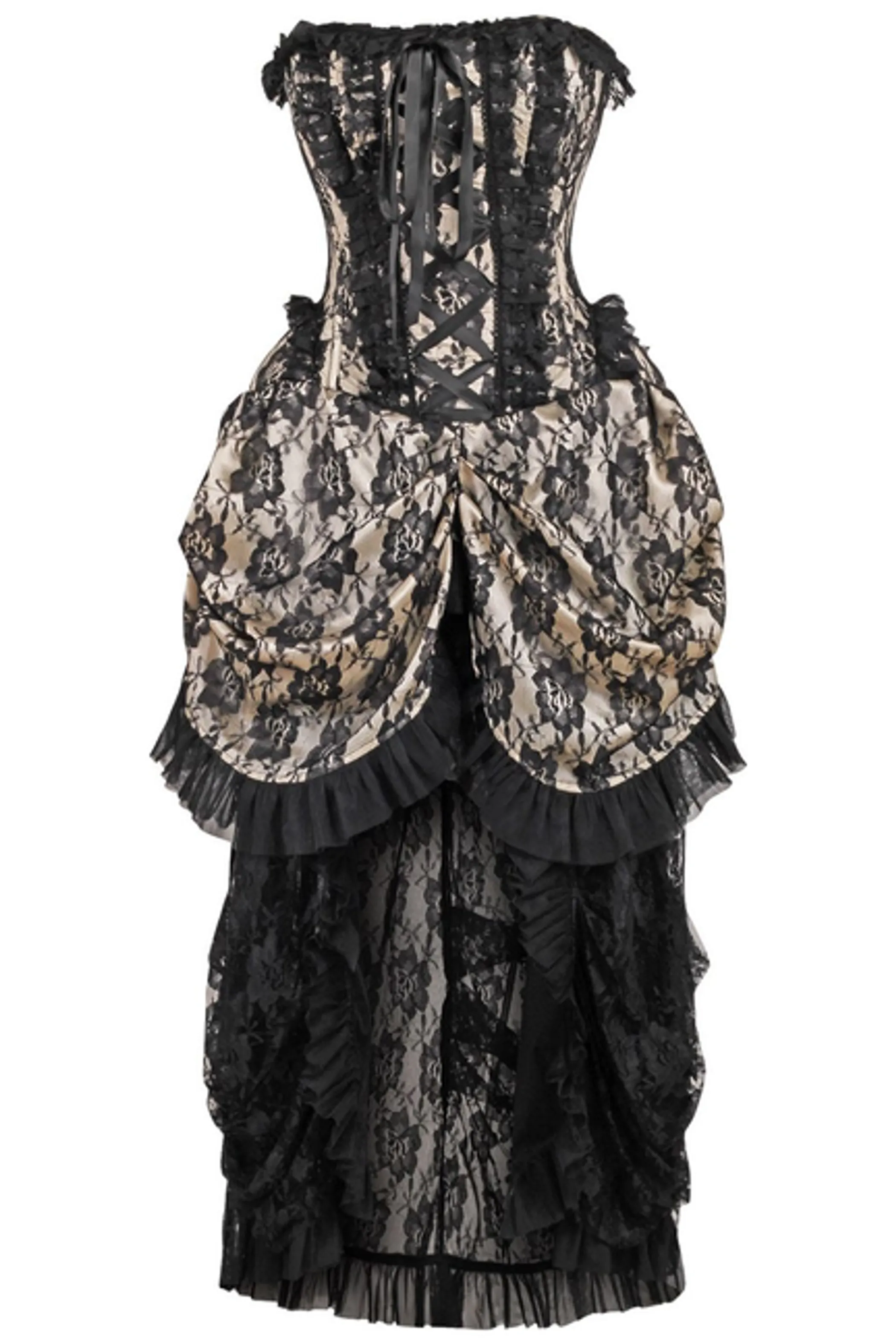 Top Drawer Steel Boned Cream w/Black Lace Bustle Corset Dress