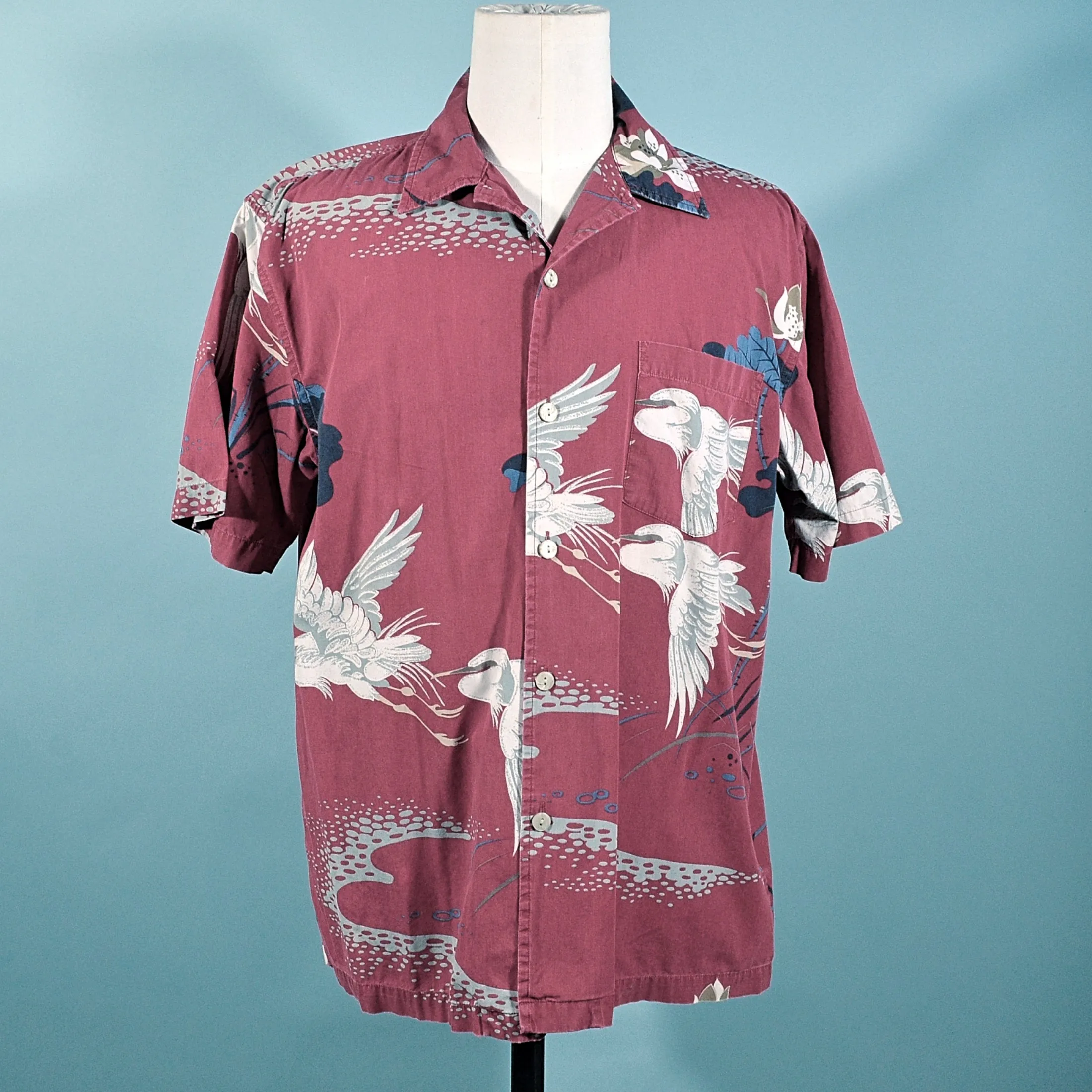 Union Bay Vintage Camp Shirt, Flying Cranes Asian Aloha Shirt M