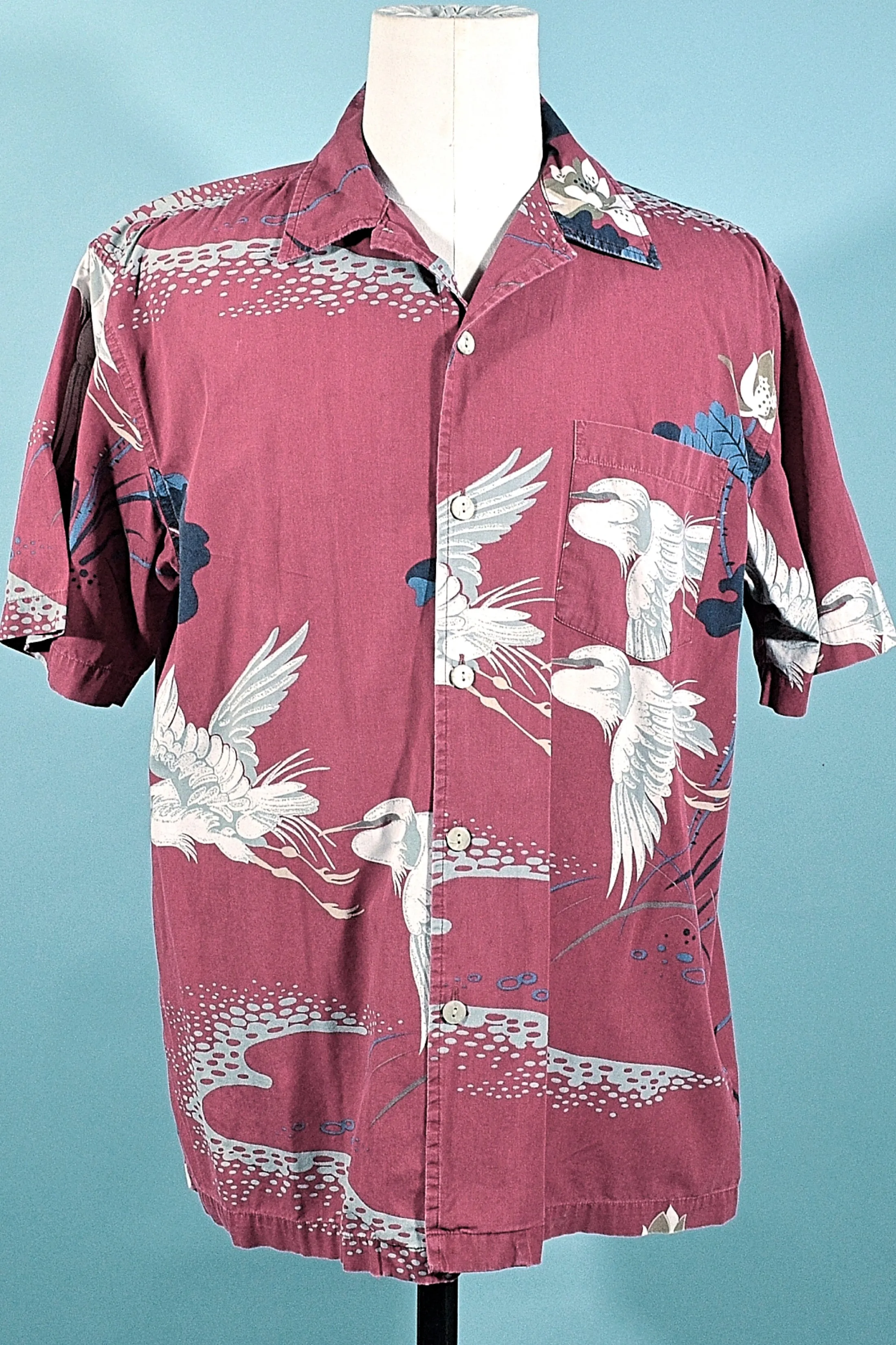 Union Bay Vintage Camp Shirt, Flying Cranes Asian Aloha Shirt M