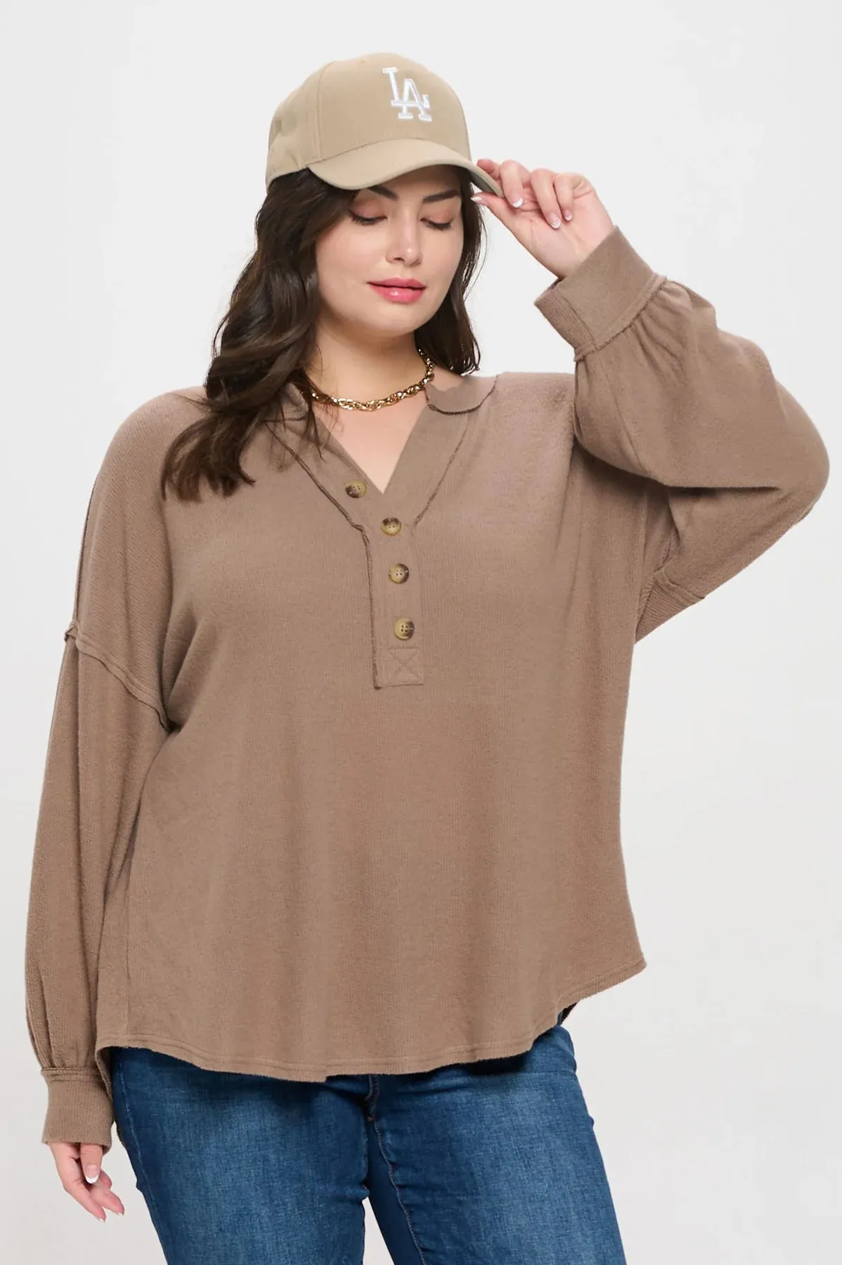 V Neck Half Button Top