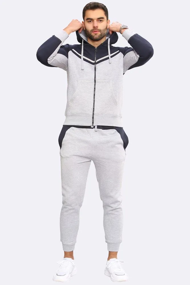 V Panelled Fleece Zipper Hoodie & Joggers Set