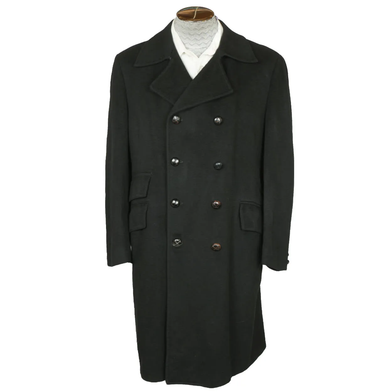 Vintage 1960s Mens Mod Overcoat 100% Pure Cashmere Black Coat Size M L