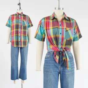 Vintage 80s Plaid Cotton Shirt Short Sleeve Oversized Fit Collared Blouse S M