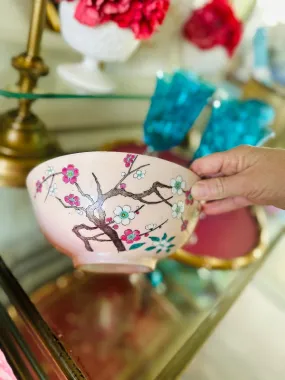 Vintage Bowl, Decorative Pink and Green, Cherry Blossom, Hand Painted