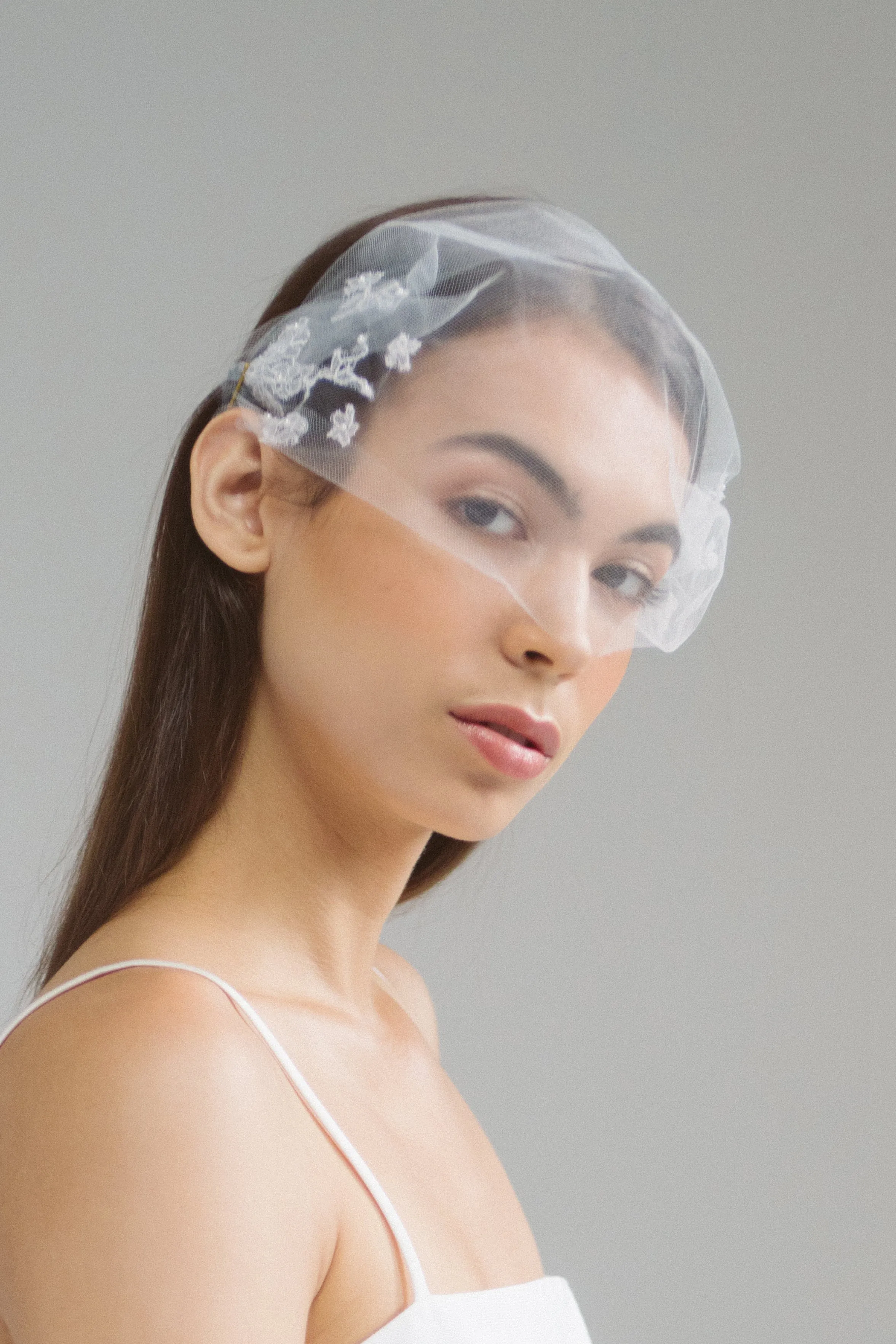 Virginia: Tulle Face Veil with Lace and Pearl Detail