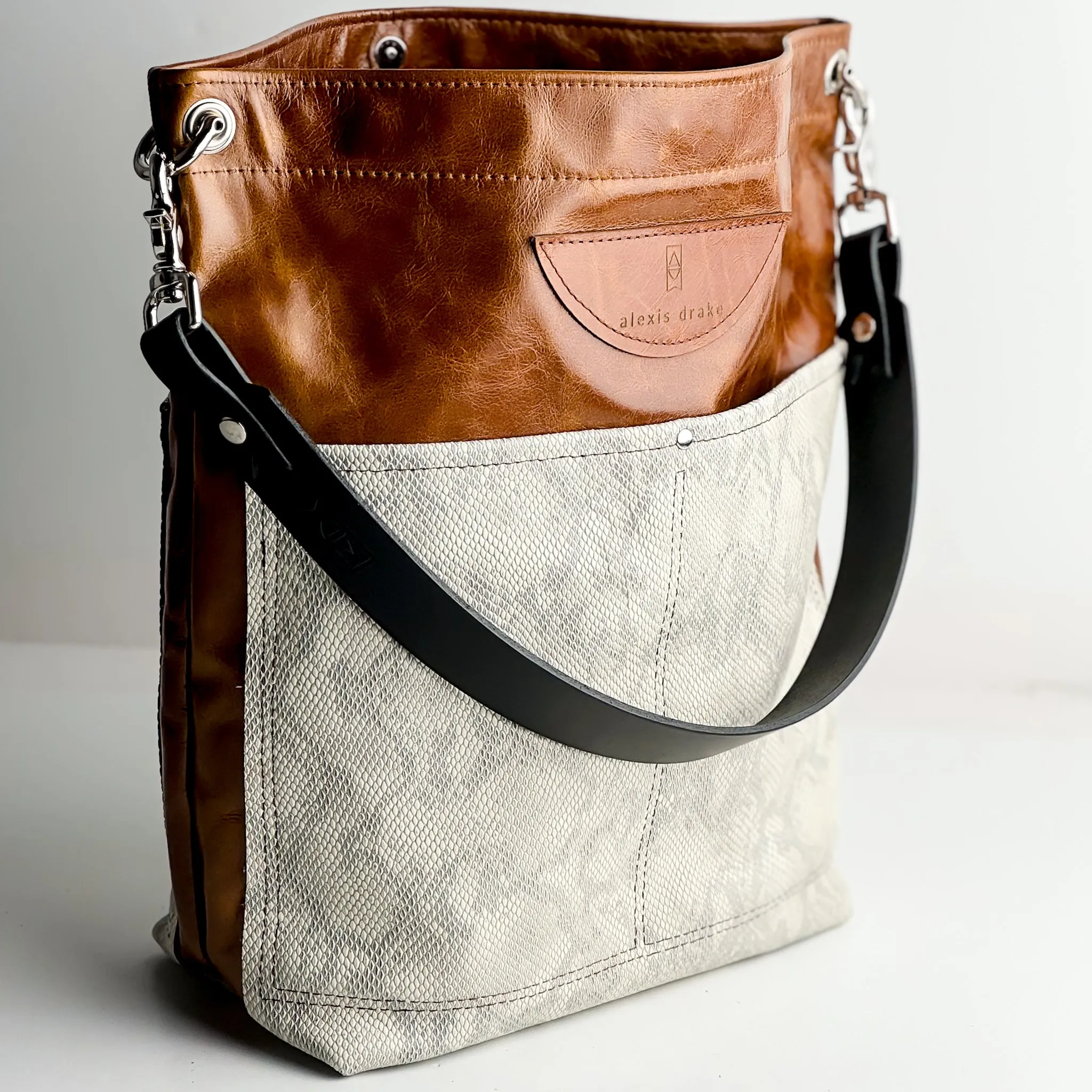 Western Woods Collection | Train Shoulder Tote | Bourbon   Winter Python