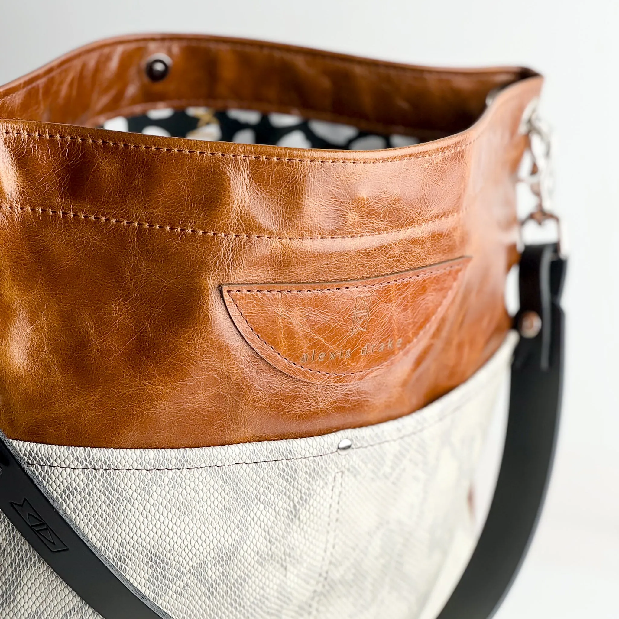 Western Woods Collection | Train Shoulder Tote | Bourbon   Winter Python