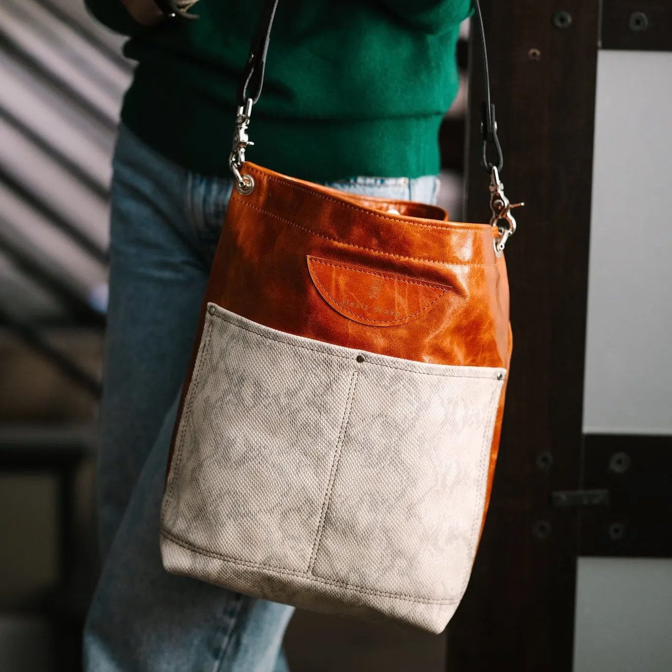 Western Woods Collection | Train Shoulder Tote | Bourbon   Winter Python