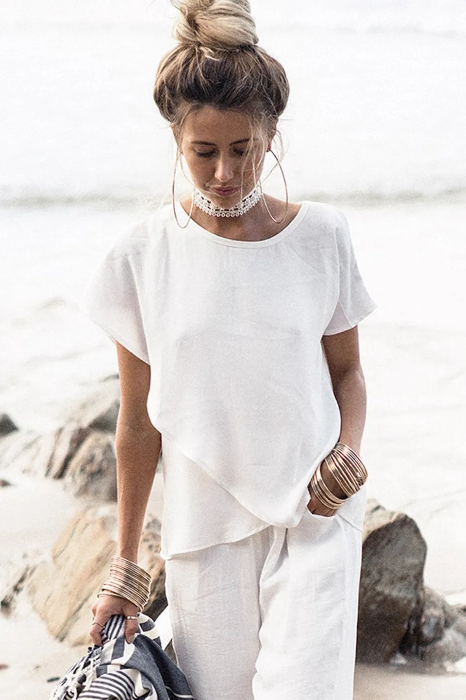 White Chiffon Short Sleeve Blouse