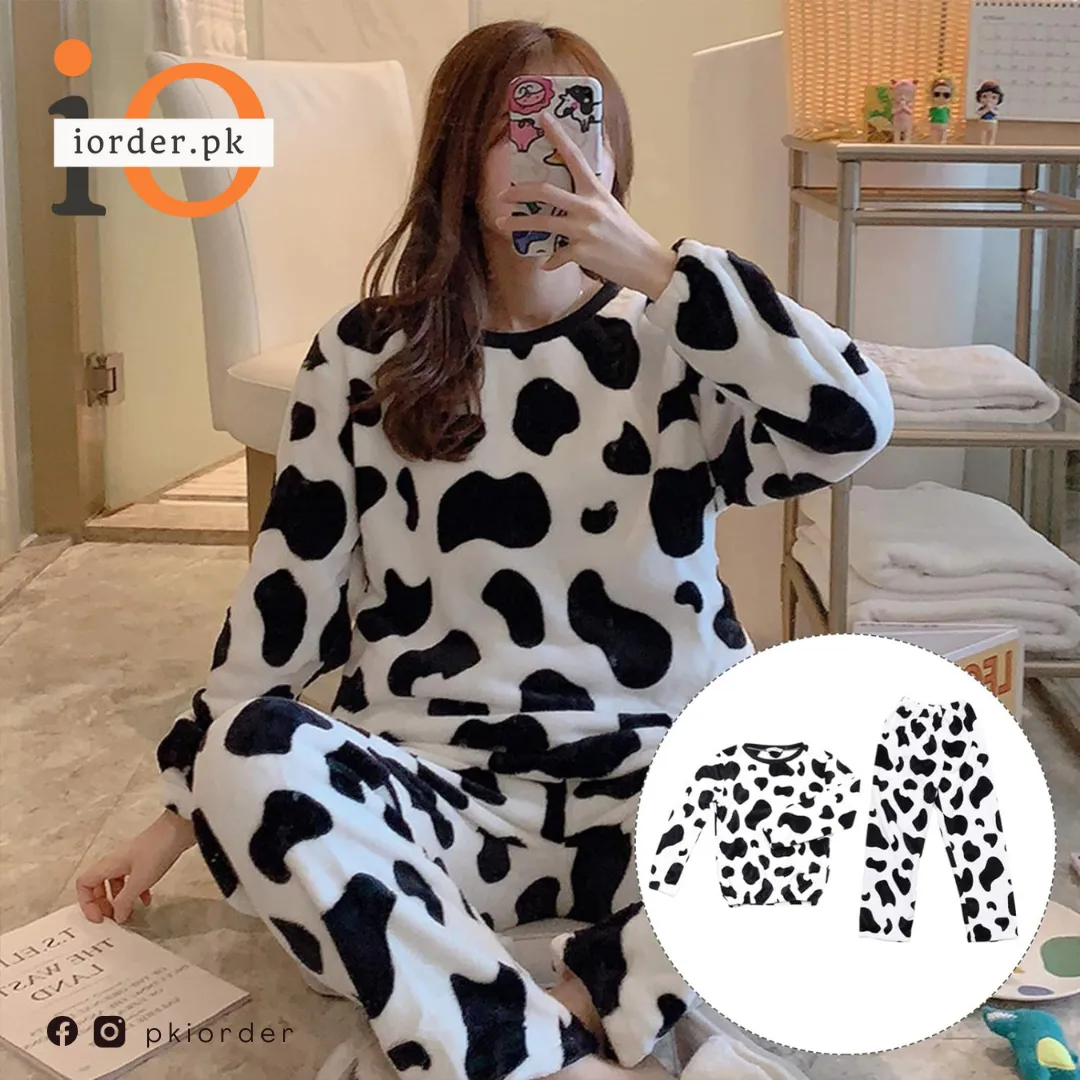 White Cow Print Fleece Casual Wear Set