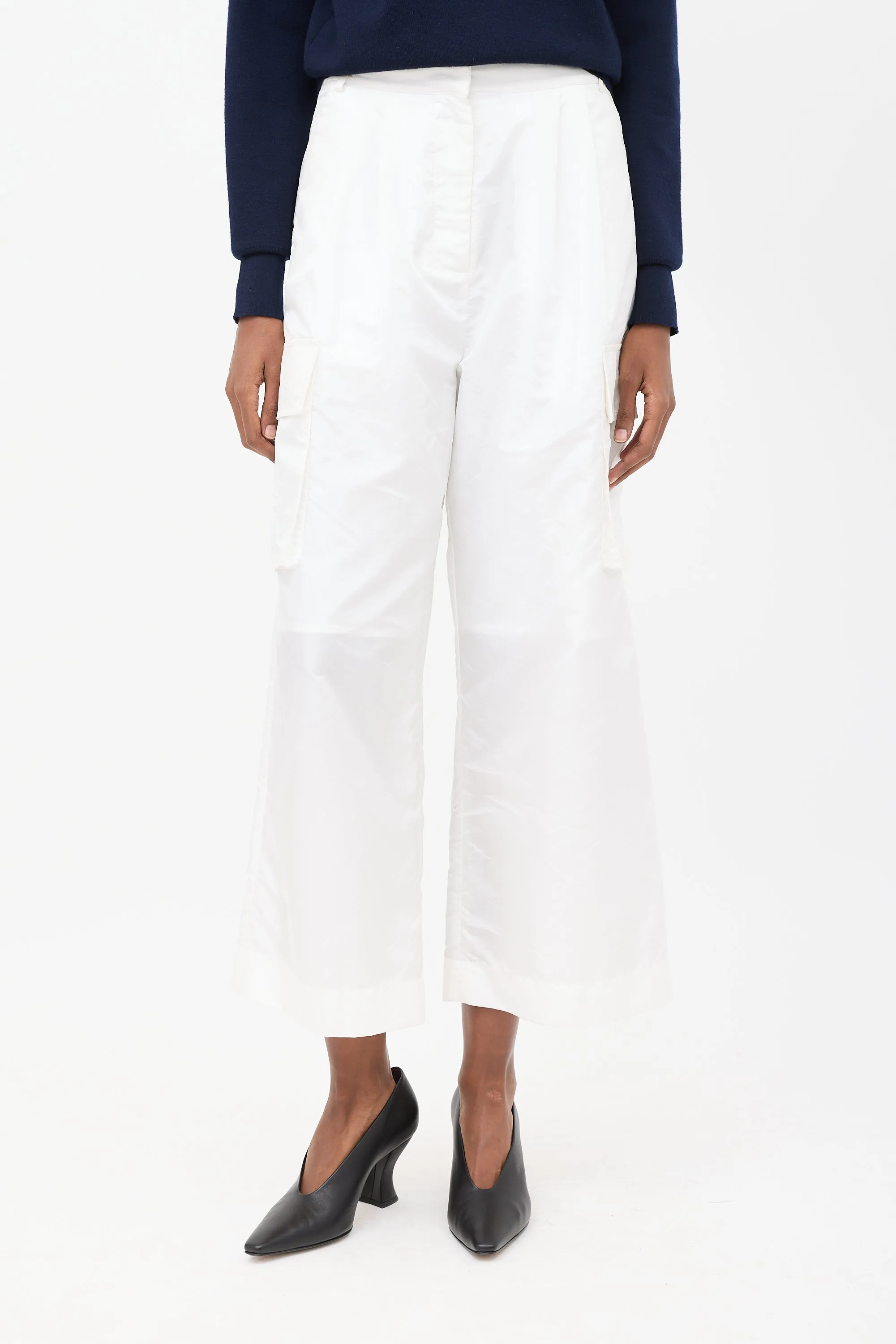 White Nylon Wide Leg Cargo Pants