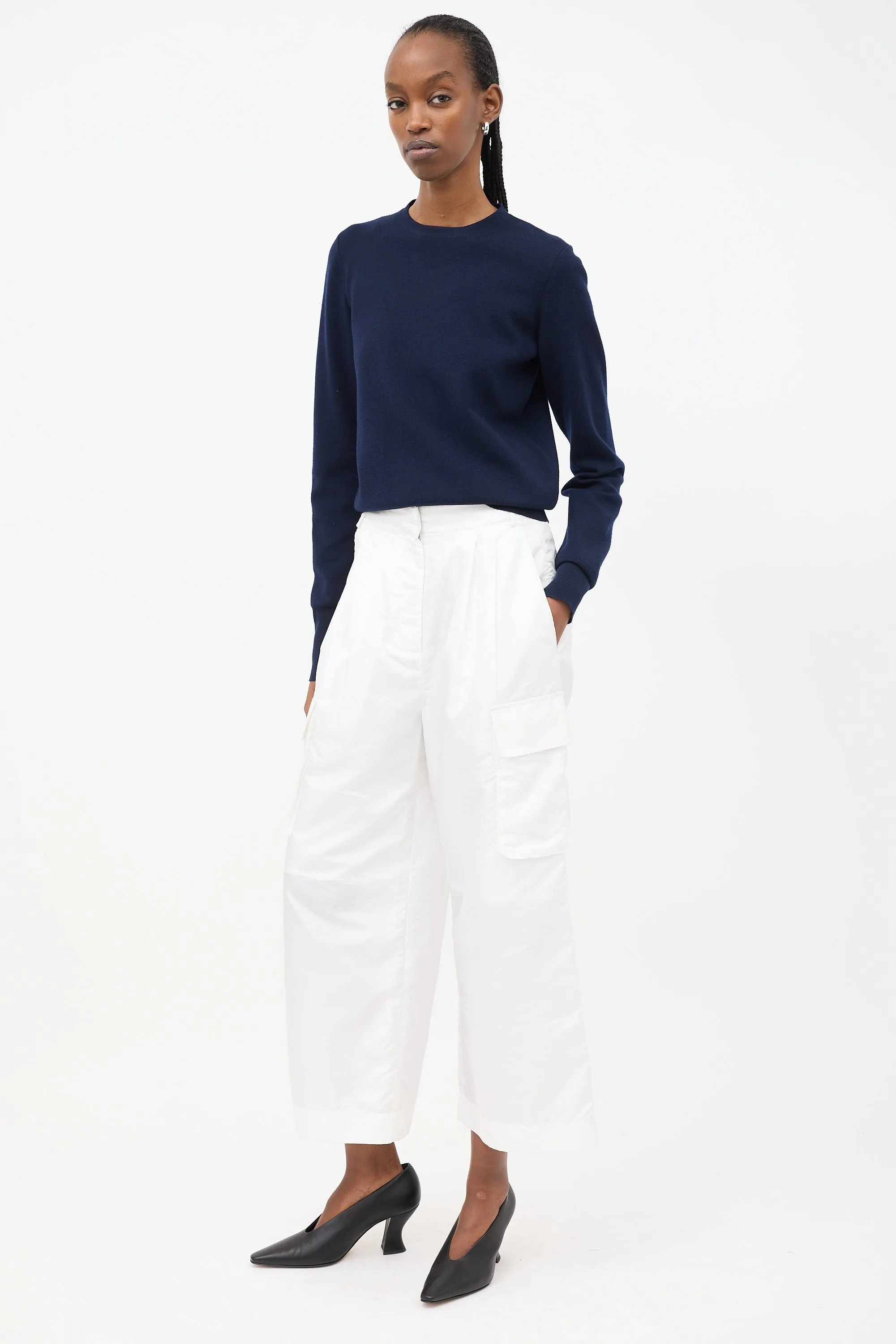 White Nylon Wide Leg Cargo Pants