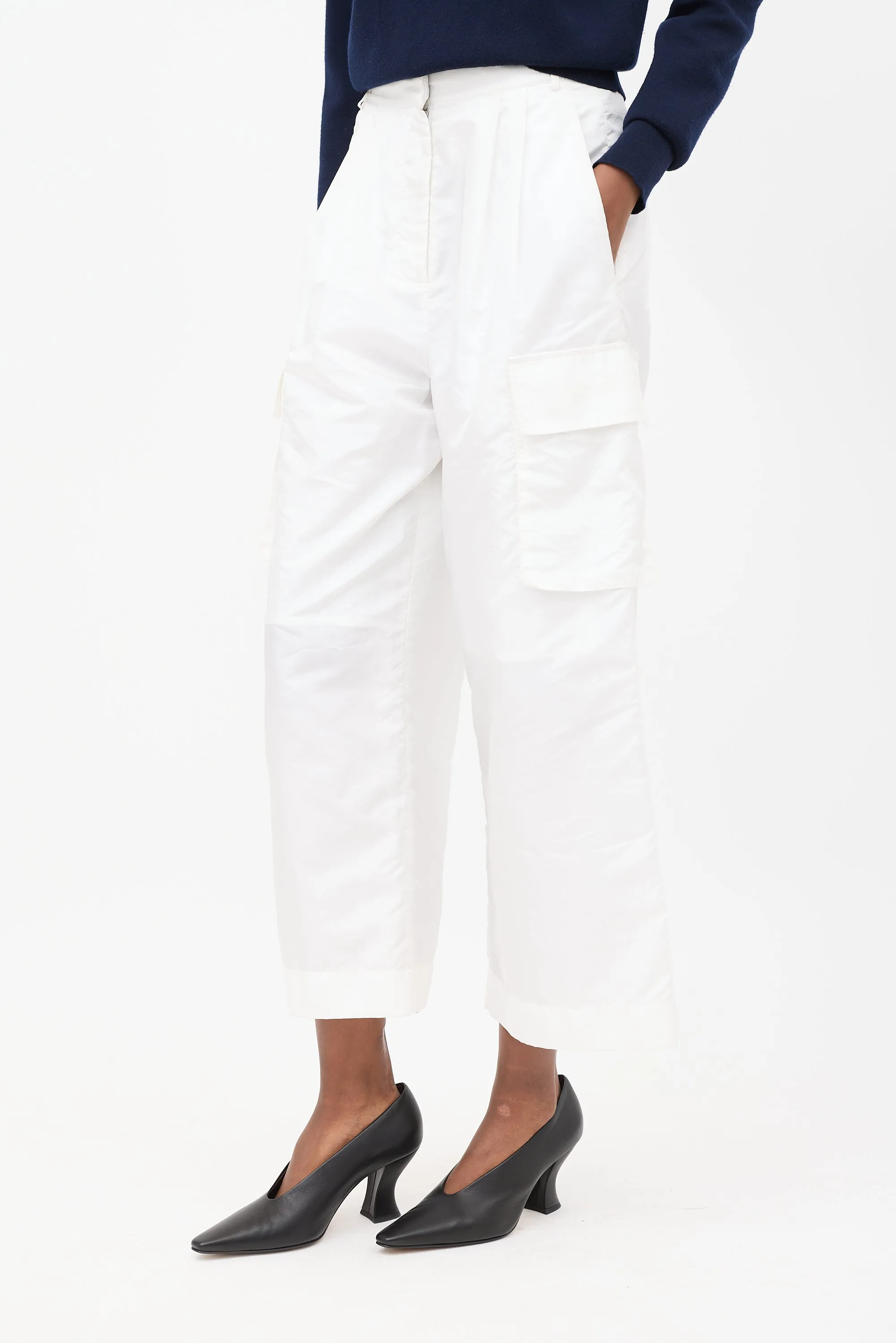 White Nylon Wide Leg Cargo Pants