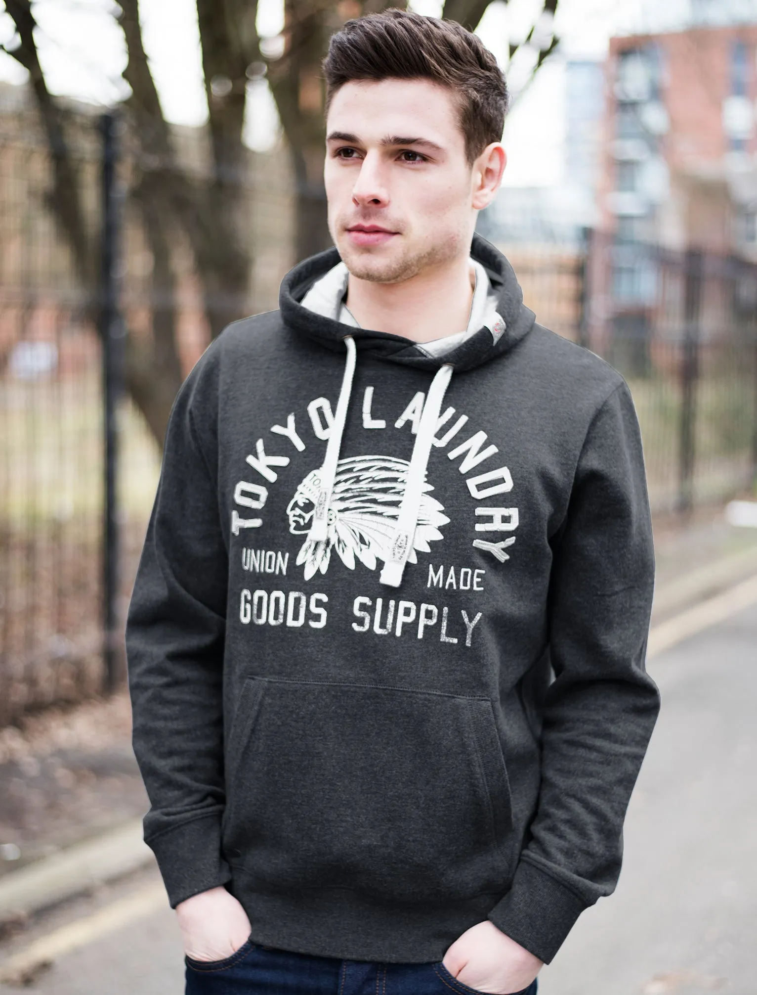 Williamsburg printed pullover hoodie in charcoal marl - Tokyo Laundry