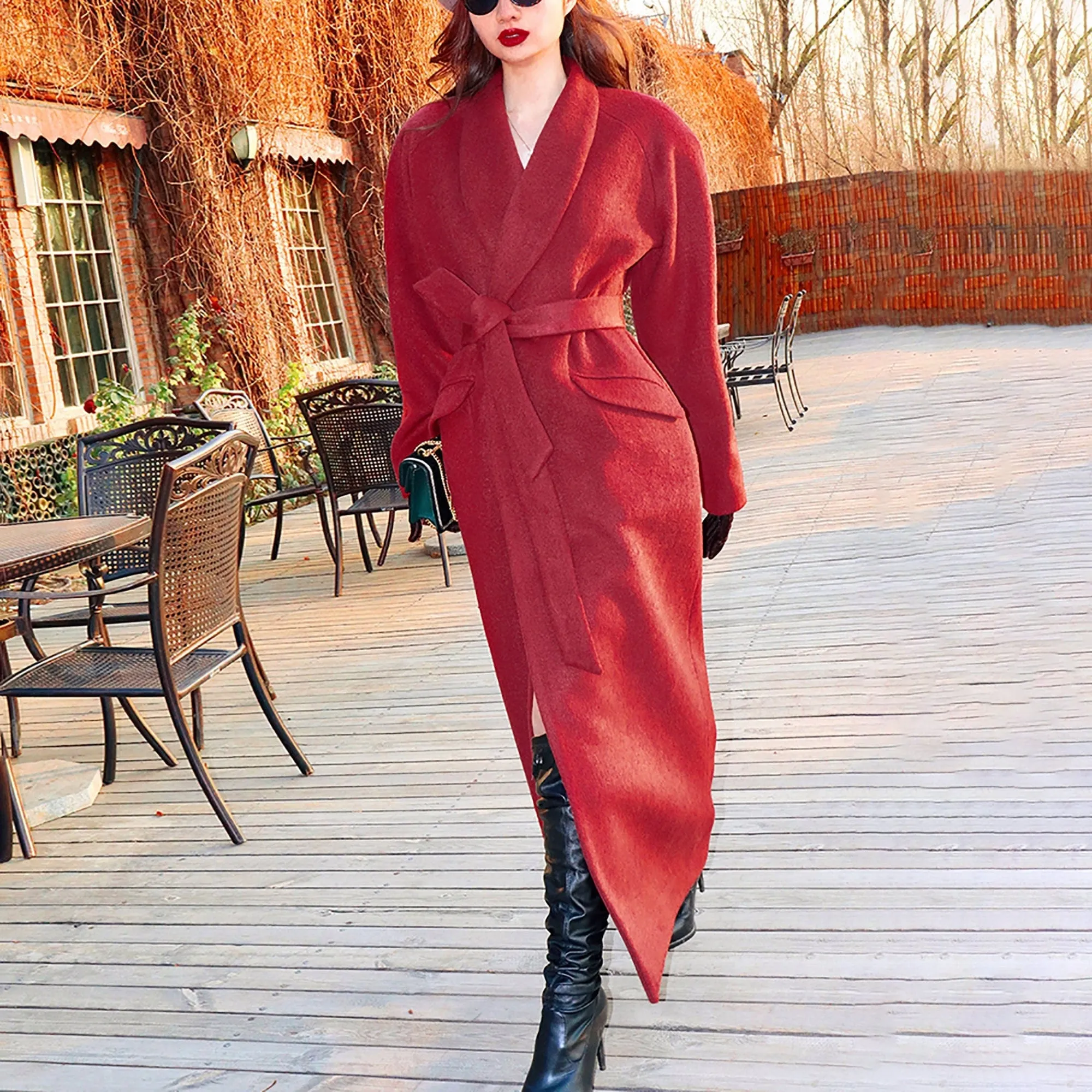 Winter Shawl Collar Wool Blend Wrap Belted Long Coat