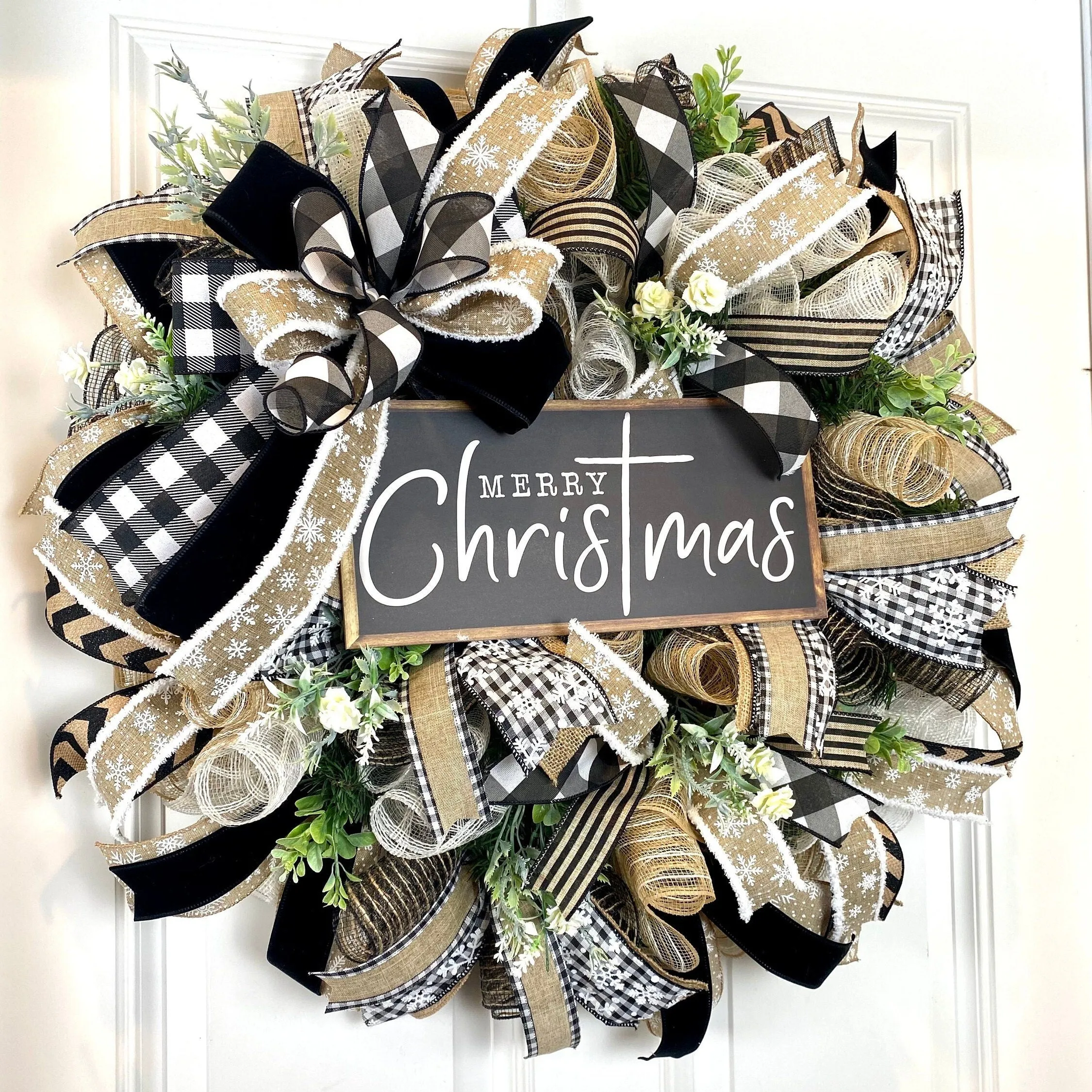 Winter Wreath, Christmas Farmhouse Decor, Winter Wreath, Snowflake Buffalo Check Holiday Wreath