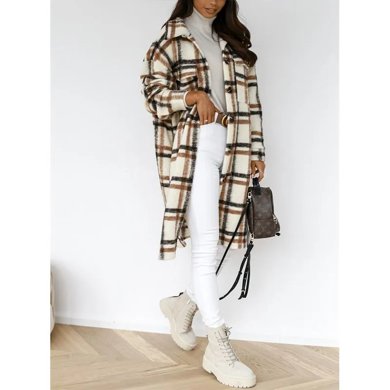 Women button up tweed long plaid coat with pockets