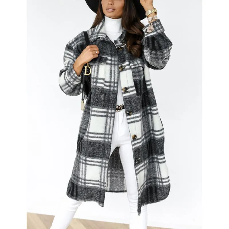 Women button up tweed long plaid coat with pockets