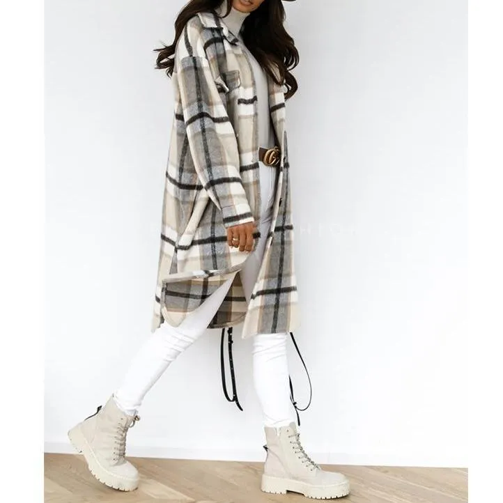 Women button up tweed long plaid coat with pockets