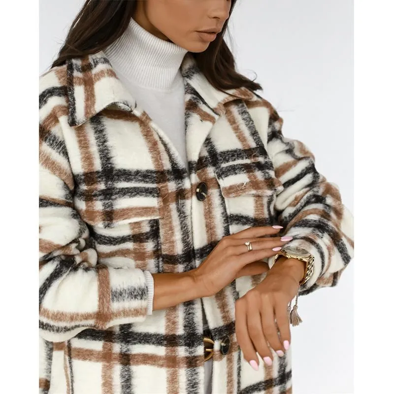 Women button up tweed long plaid coat with pockets