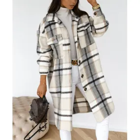 Women button up tweed long plaid coat with pockets